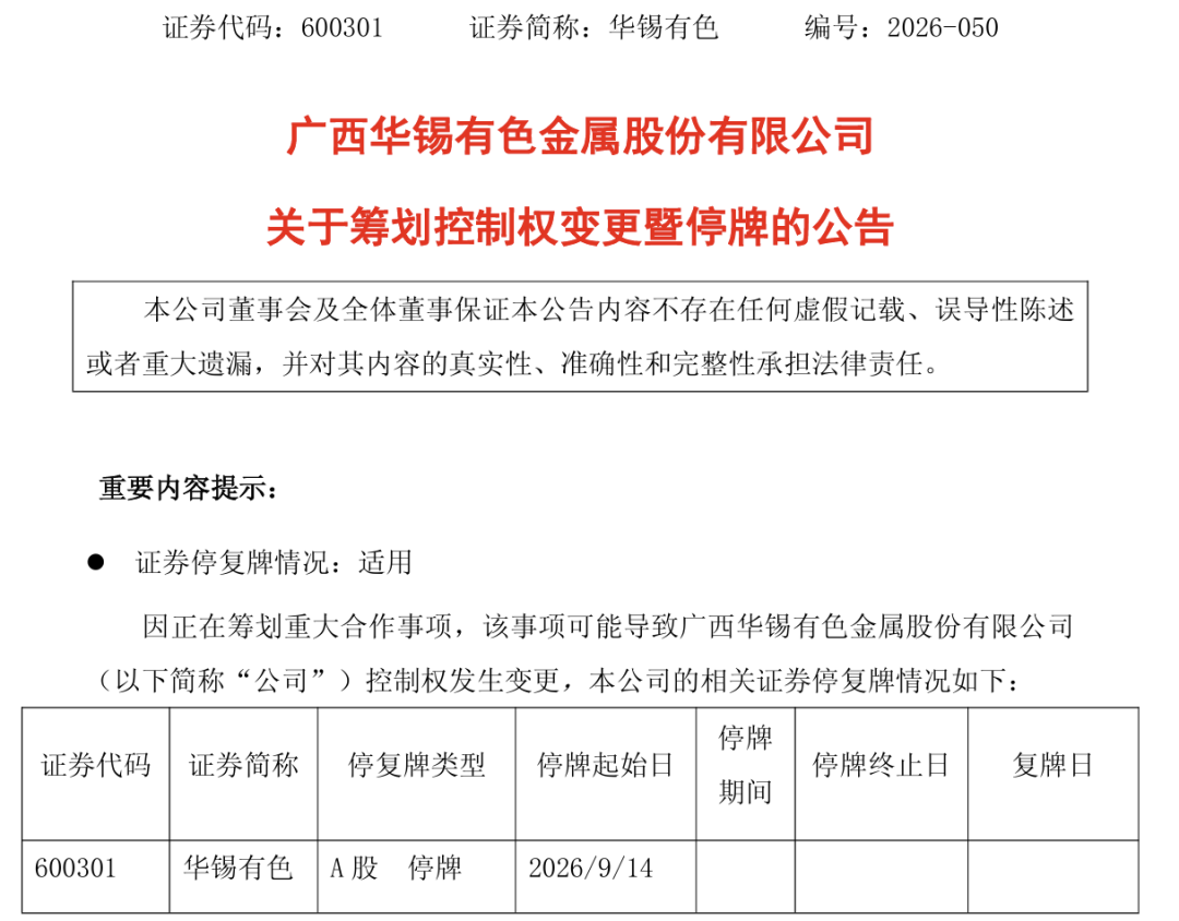 华锡有色	，筹划控制权变更，下周一停牌