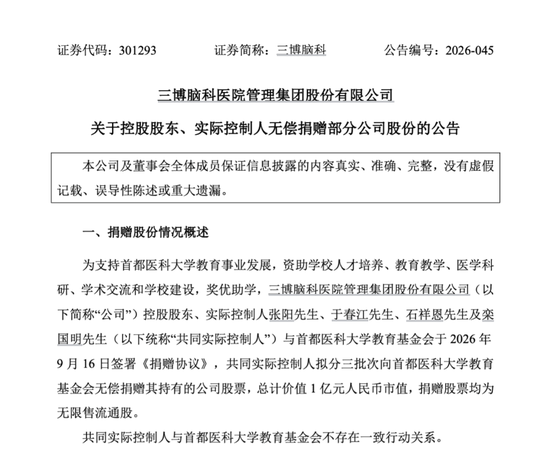 301293，控股股东、实际控制人拟无偿捐赠1亿元股份